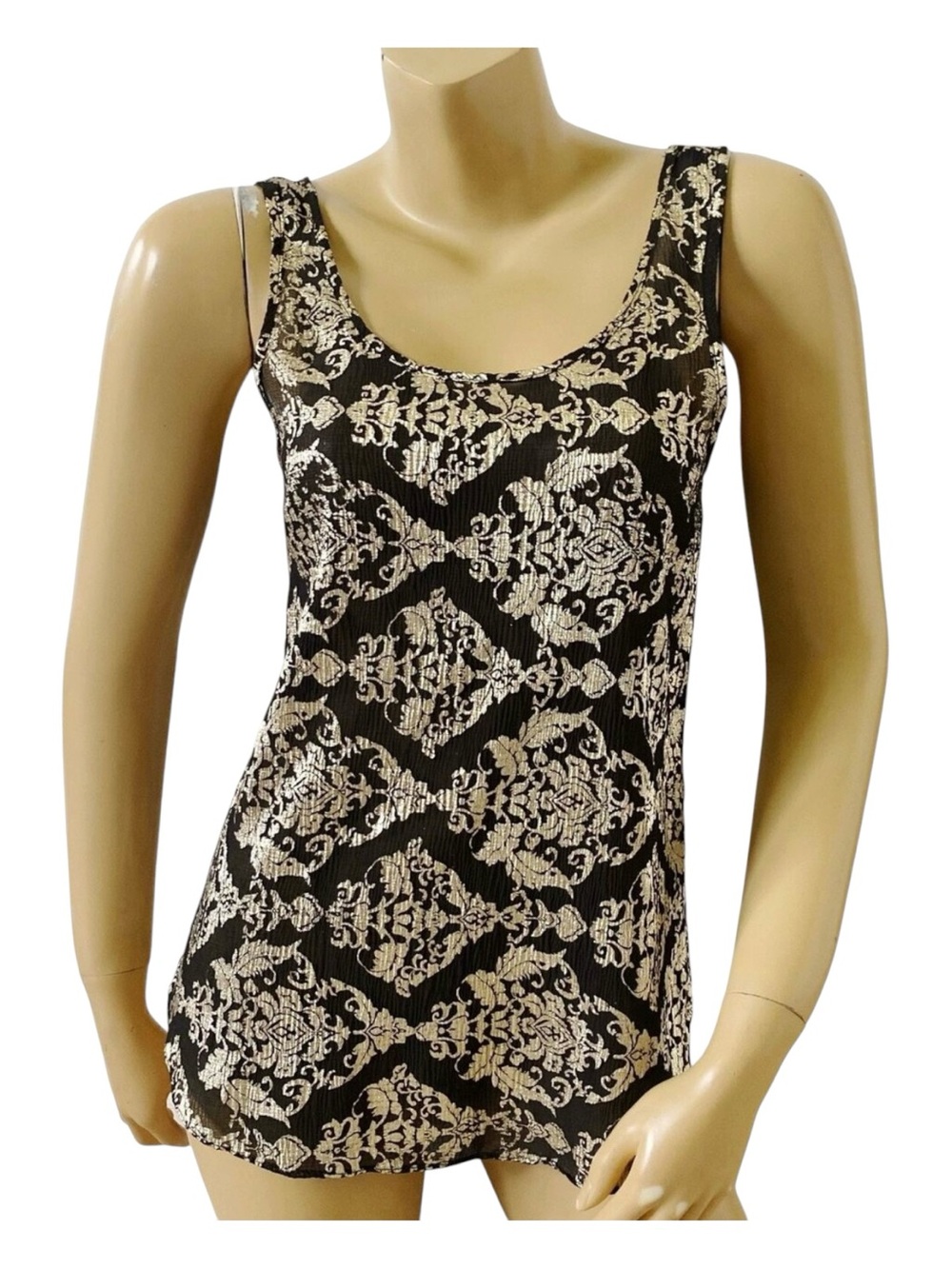 Charming Charlie Tank Top Womens S Black Gold Damask Print Sleeveless Sheer
